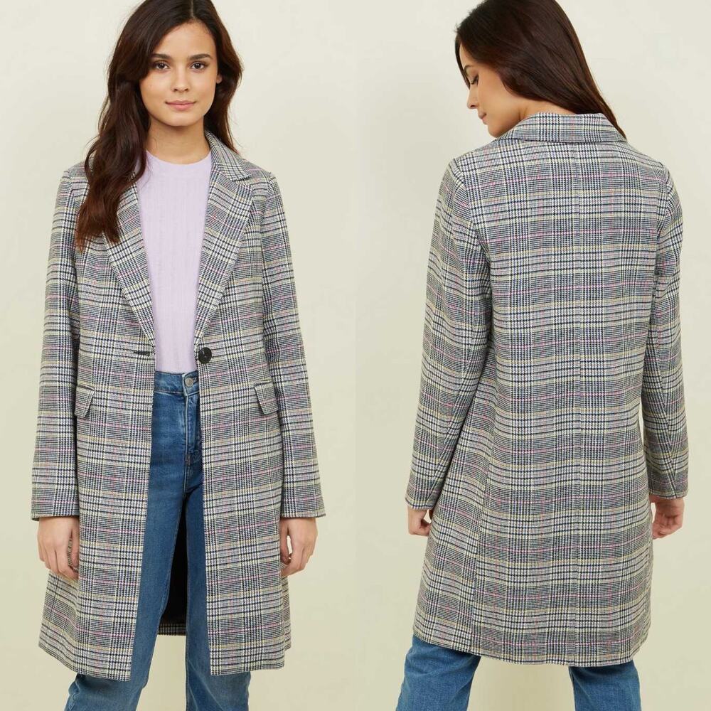New Look Black Multi Check Longline Coat
